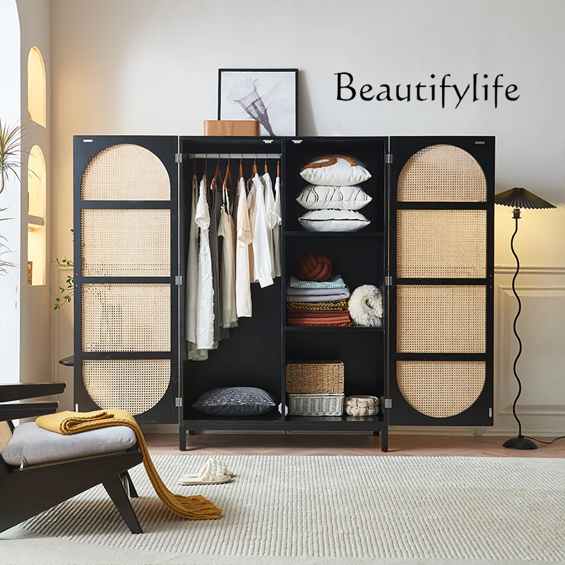 Rattan Nordic Solid Wood Storage Cabinet Simple Modern Bedroom Misty Style Double Door Wardrobe