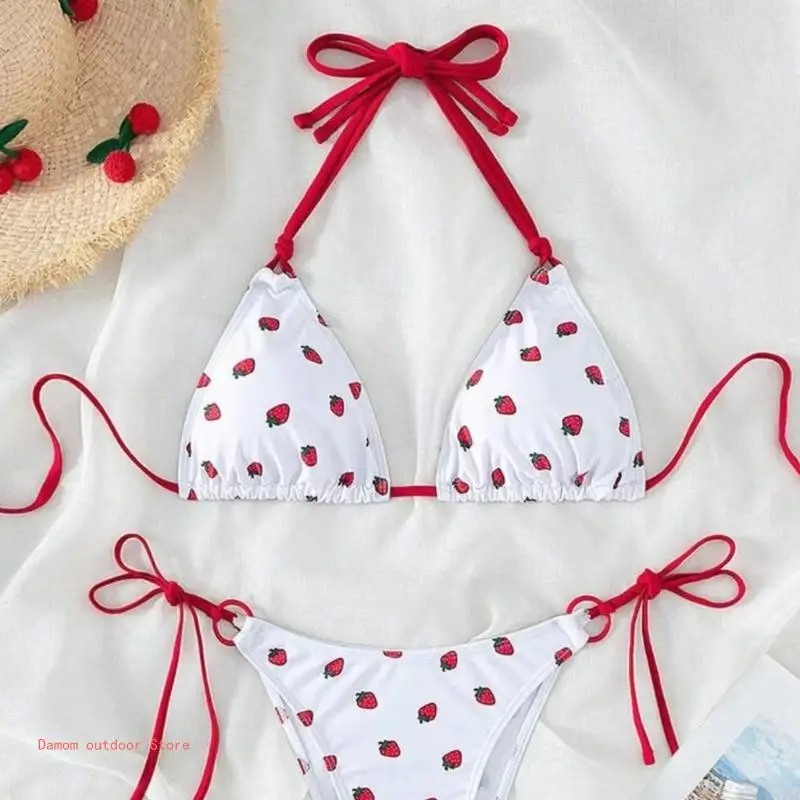 Women Sexy Side Tie Thong Strawberry Print Halterneck Swimsuit Bathing Suit Set