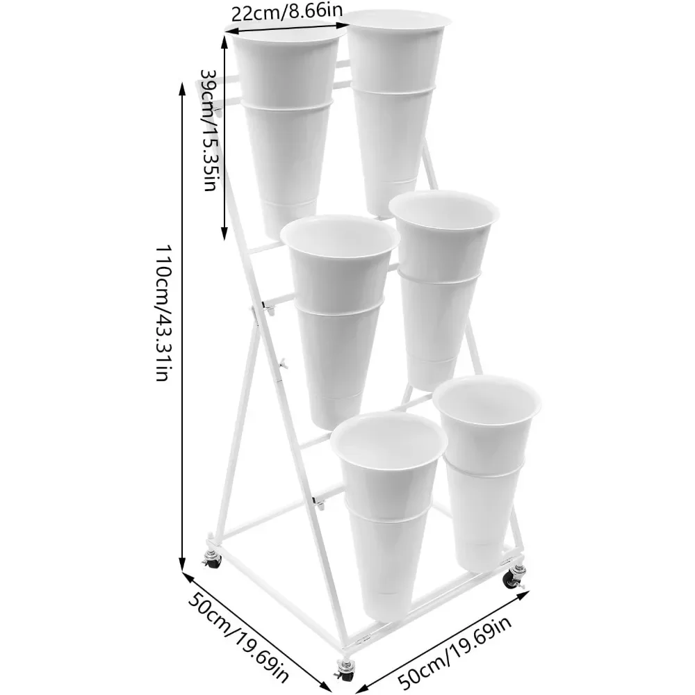 3-tier Moving Flower Display Bucket Stand, Heavy Duty Plant Stand On Wheels Metal Flower Holder (White+White With 6 Buckets)|