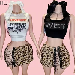 HLJ Fashion Leopard Slit Lace Up Mini Skirts Two Piece Sets Women Rhinestone Letter Slim Tank Top And Skirts Outfits Streetwear