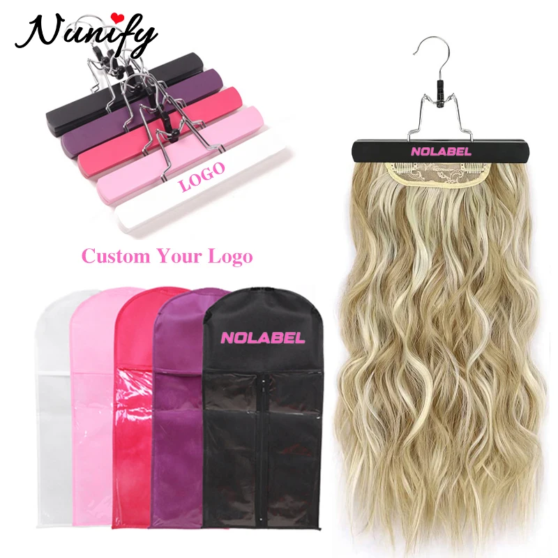 Custom Logo Wig Storage Bag e Wooden Hangers Holder, Sacos para armazenamento Virgin Hair, Organizador para múltiplas perucas, 50Pcs