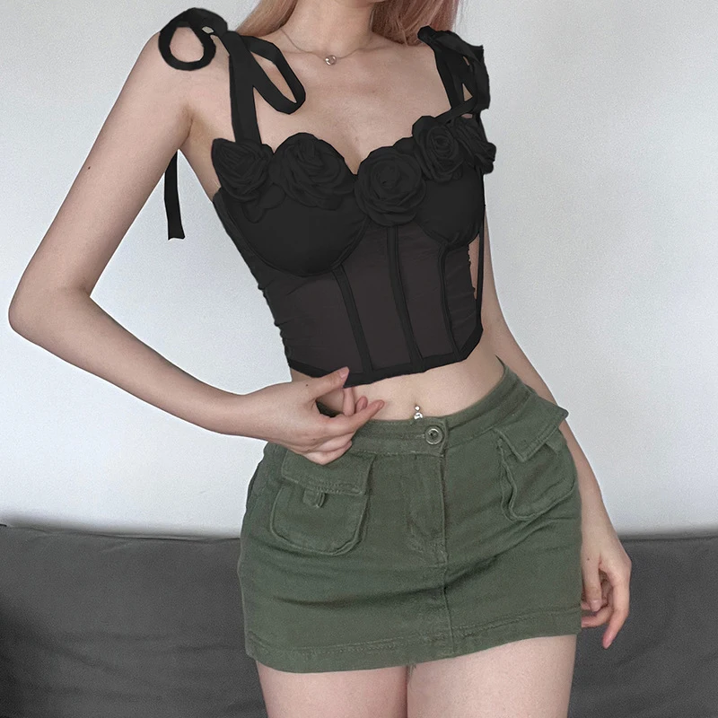 BKLD Lacing Strap Vintage Ladies 3D Flower Sheer Mesh Patchwork Crop Top Corset Women Summer Pastoral Style Vest Holiday Clothes