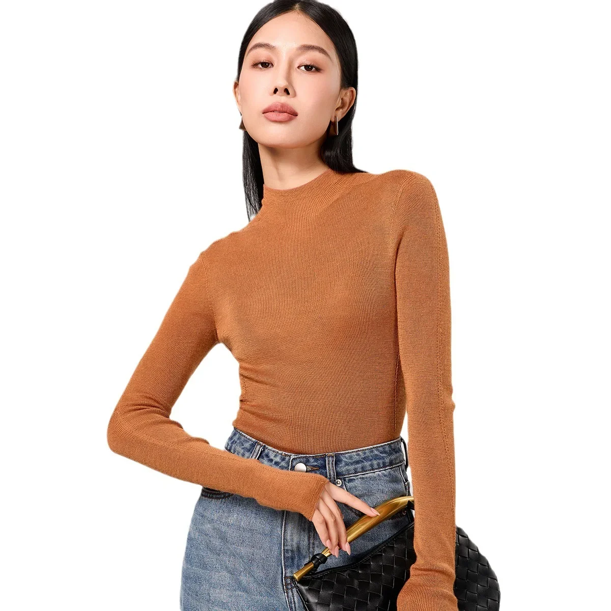 10% Mulberry Silk +90% Wool 18-needle Seamless Integration Solid Color Wool Sweater Temperament Semi-turtleneck Sweaters