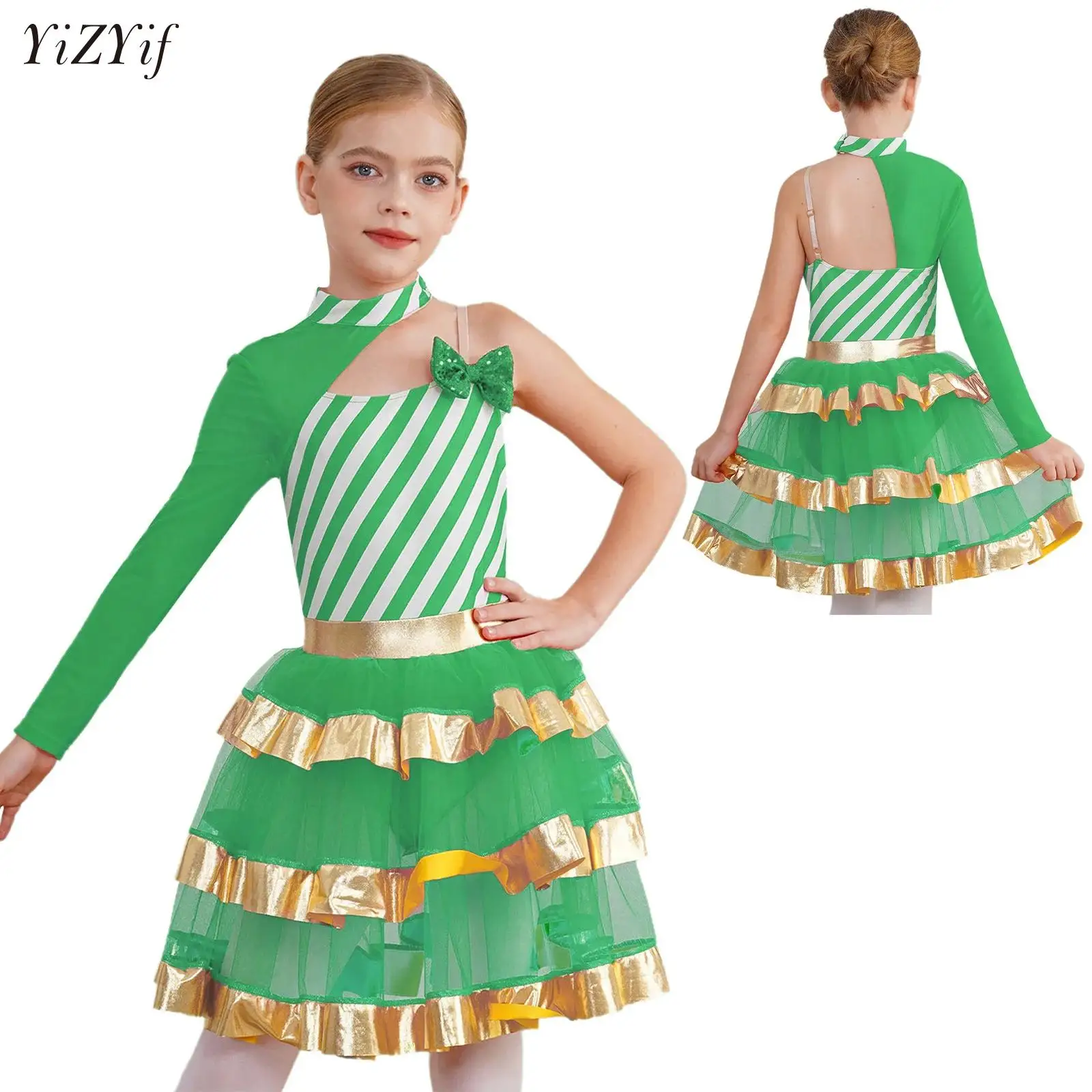 

Kids Girls Striped Ruffled Tutu Dance Dress Figure Skating Performance Christmas Party Candy Cane Costume Leotard Dancewear