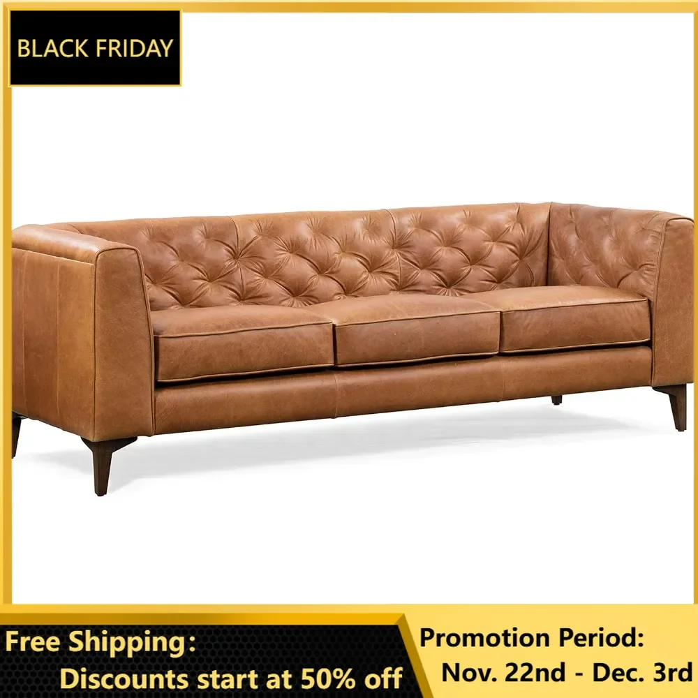 Leather Couch, 89-Inch Sofa with Tufted Back, Full Grain Leather Couch with Feather-Down Topper on Seating Surfaces, Sofa