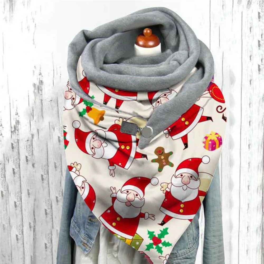 Christmas Triangle Scarf Santa Claus Snowflakes Elk Deer Button Scarves Colorful Winter Fleece Warm Neck Warmer Shawls