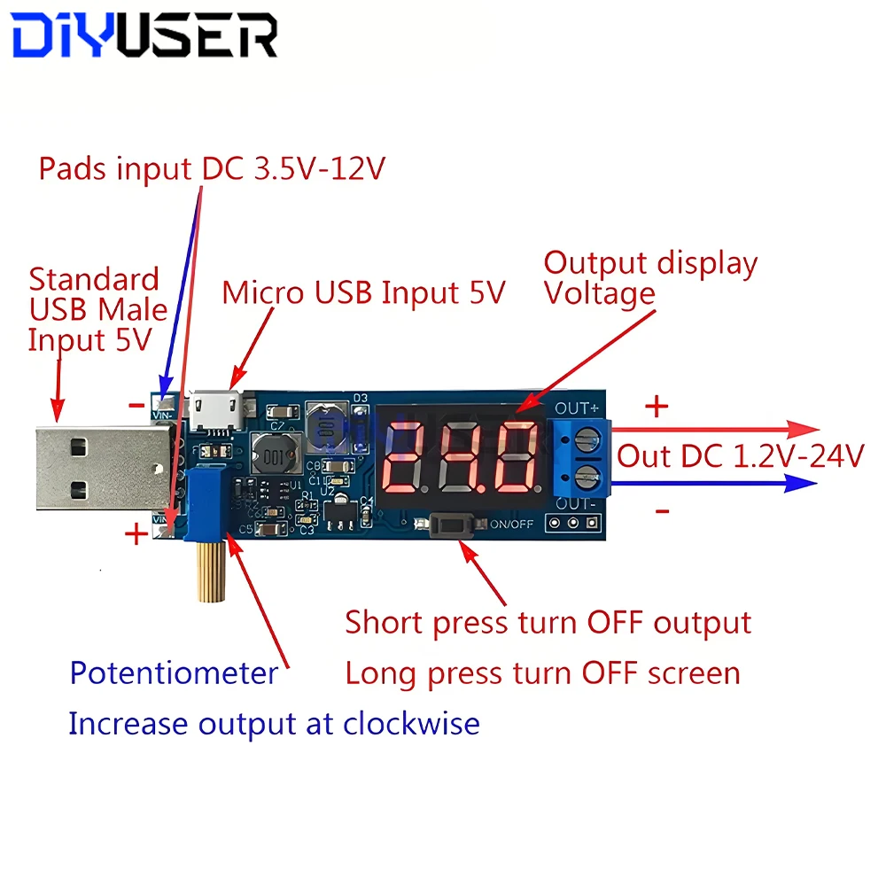 Adjustable Boost Buck Converter Module, DC-DC 5V to 3.3V 12V Step Up Down, Wide Voltage 1.2V-24V for DIY Electronics