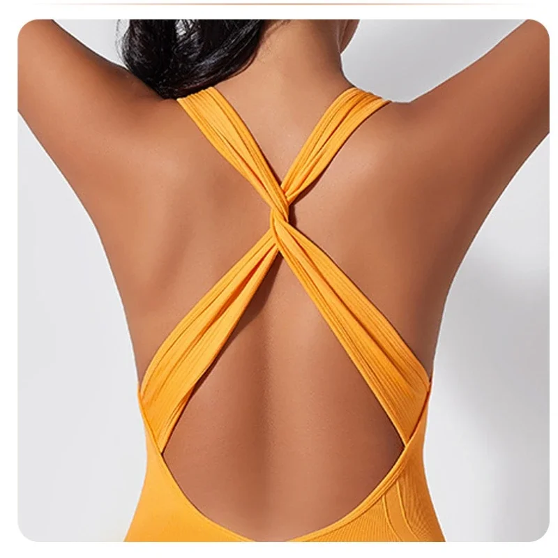 Deep V Women's Yoga Jumpsuit, Cross Back Exercise Leggings Set, Tight Fitting Fitness Sportswear, Seamless Exercise Bodysuit