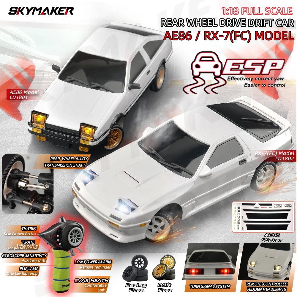 Skymaker AE86 모델, LD1801 RX-7 FC LD1802 1:18 RC 드리프트 카, 1/18 2.4G 리모컨 ESP 자이로스코프 LED 미니 RC 레이싱 카 장난감 