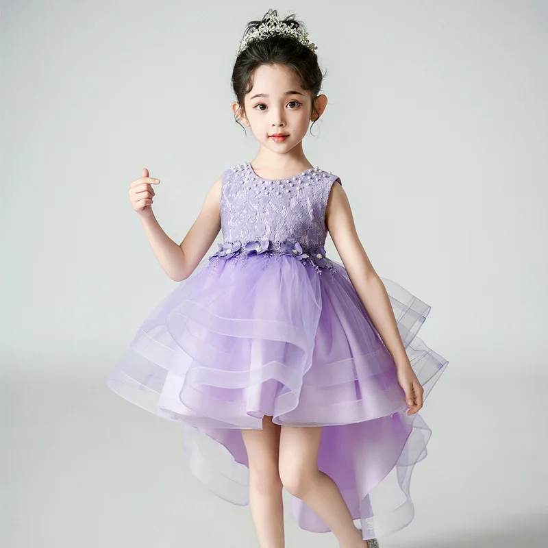 

Girl's New Decal Bead Bow Mesh Sleeveless Tailed Princess Dress for Children's Day Birthday Party Wedding Fluffy Dress