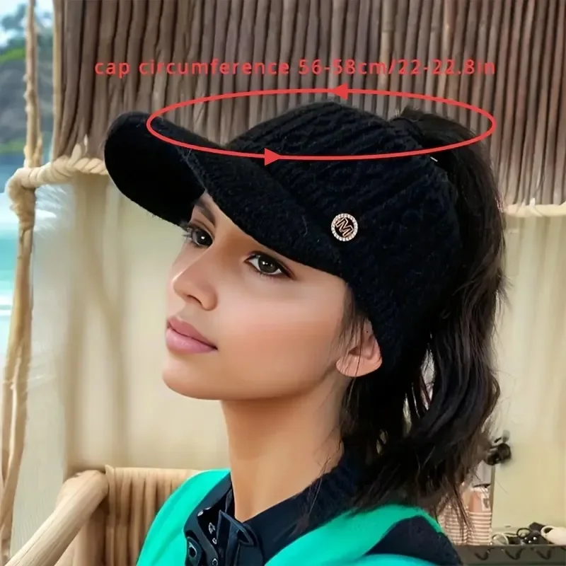 الخريف والشتاء الصوفية بطة اللسان قبعة في سن المراهقة موضة تنوعا قبعة الإناث تسرب ذيل حصان في الهواء الطلق مبطن قبعة محبوكة دافئة #5
