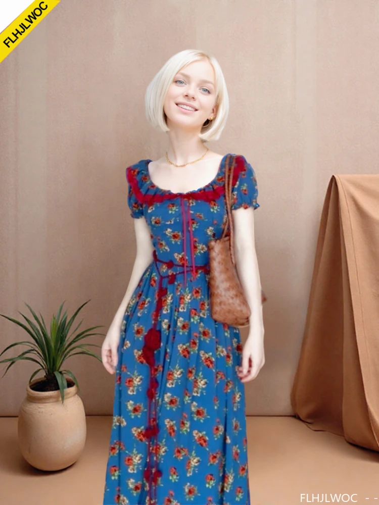 Retro Vintage Ruffles Long Dresses Mori Girls Village Rural Summer Holiday Date Flower Floral Print