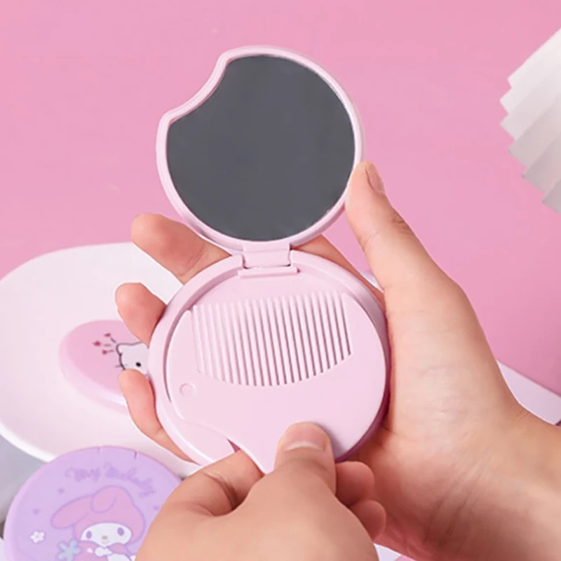 Sanrio Hello Kitty My Melody Double Sided Folding Mirror Cute Portable Mirror Comb Integrated Mini Makeup Mirror Girl Gifts