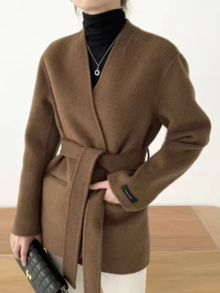 

ROUJE KEFSS Double-Sided Woolen Vest Pure Color V-Neck Belted Waist Long Sleeve Outwear for Women Unique Design Sensation