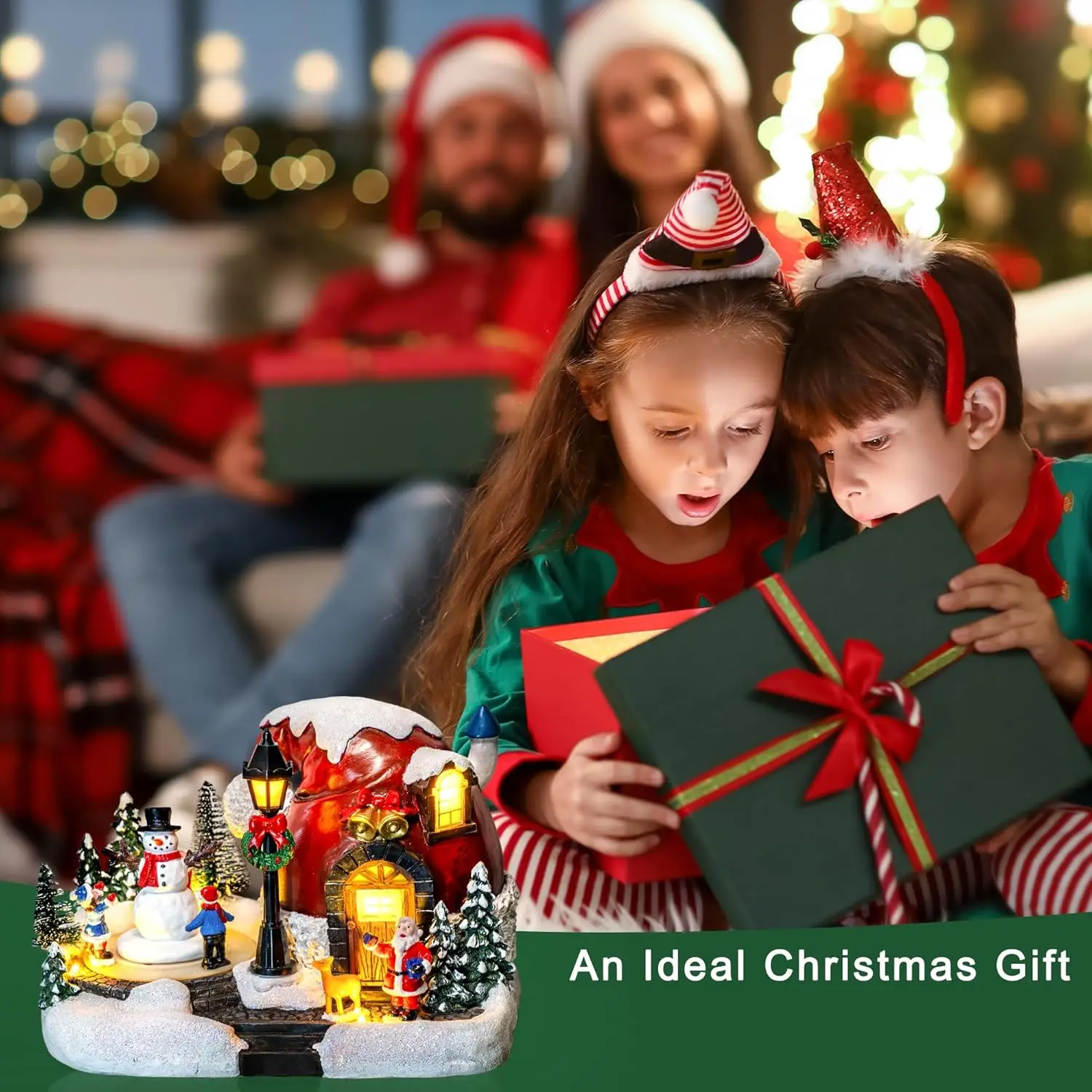 Pueblo navideño alimentado por USB con figuras animadas, luces LED y música para decoración del hogar festivo