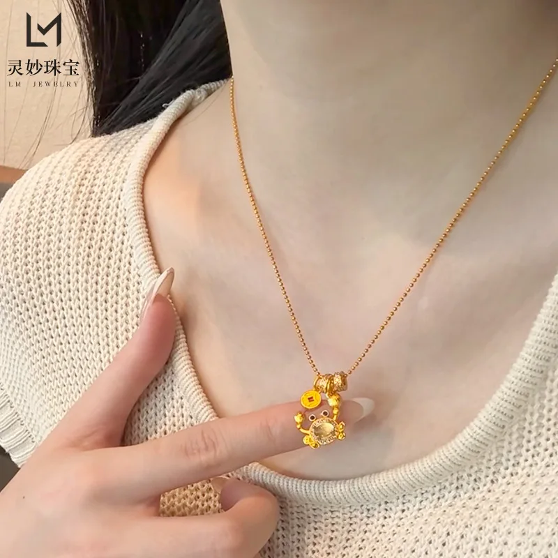 

9999 24 К настоящее золото магазин одинаковый стиль женское золотое ожерелье с бриллиантами матовый кулон в виде краба цепочка на ключицу роскошные ювелирные изделия