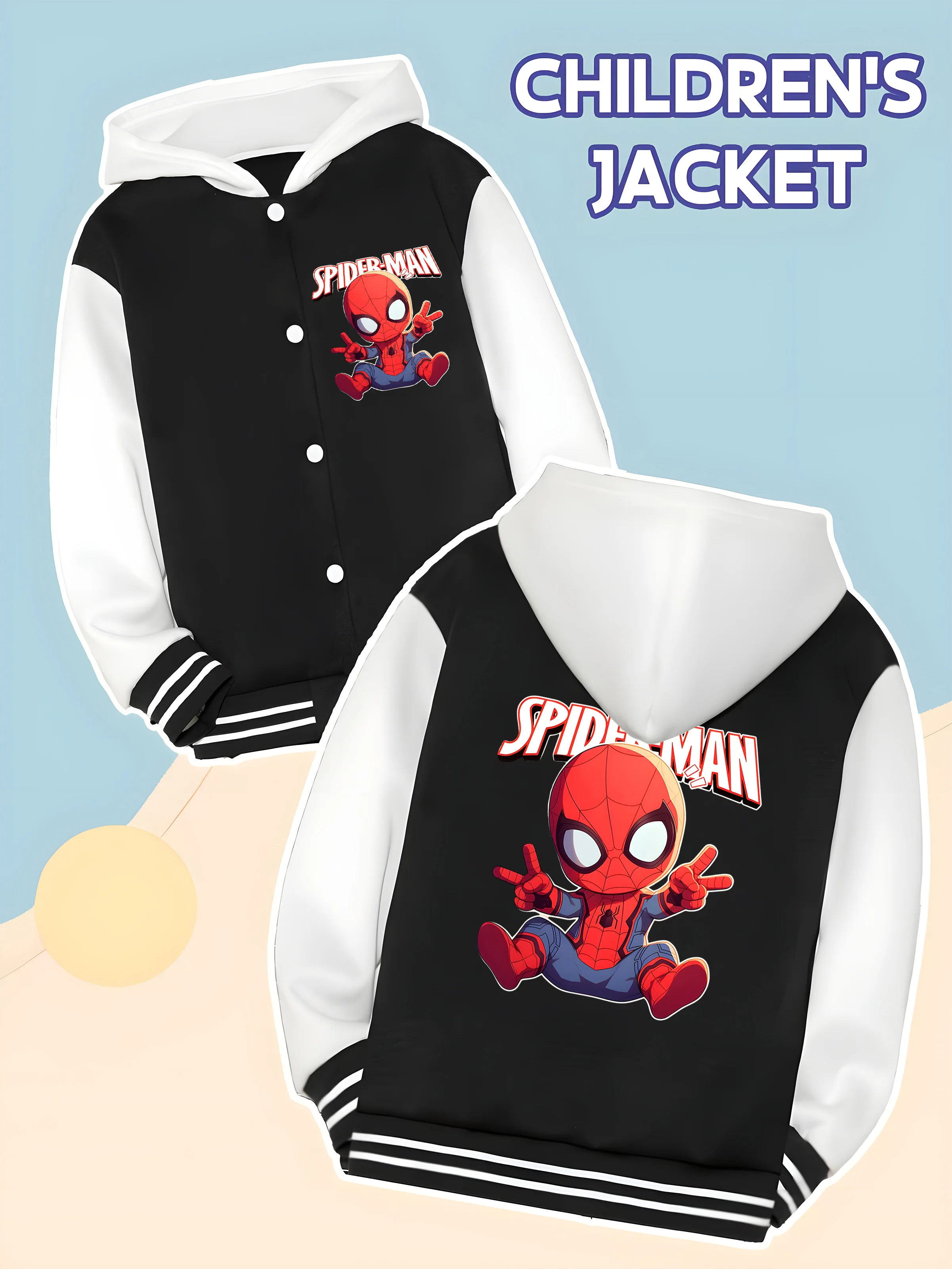 

MINISO Marvel Boys' Baseball hooded Jacket - Cute Spider-Man Double-Sided Pattern, Soft Fabric