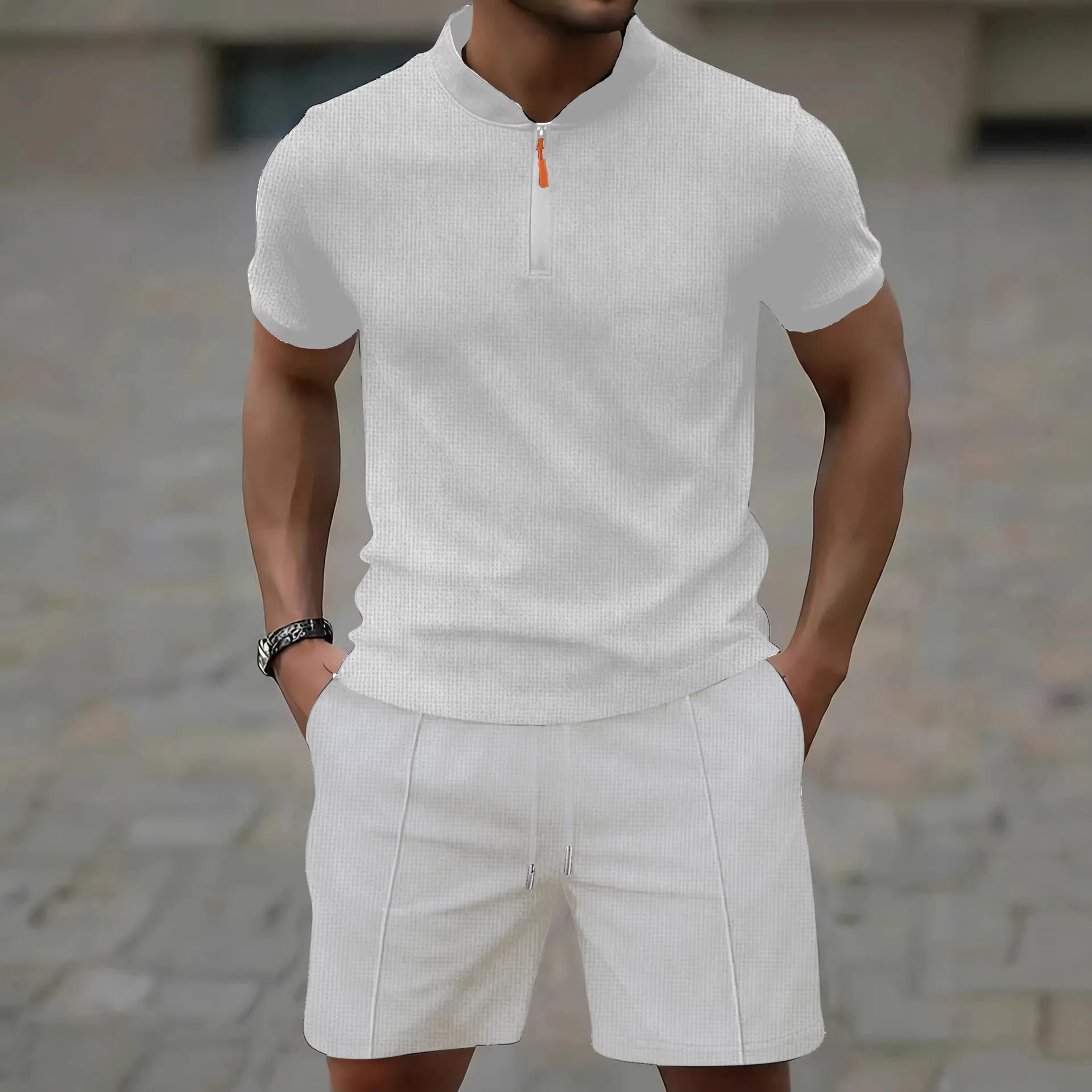 

2026 Summer New Men's Waffle Set Fashion Casual Sportswear 2 Piece Set Breathable Short Sleeve T-Shirt & Shorts Male Suits