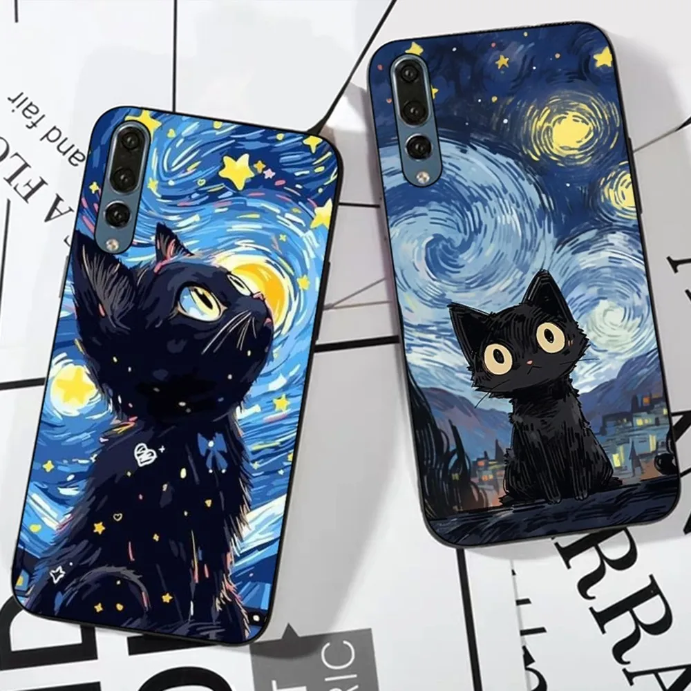 

Artistic Black Cat Starry Night For Huawei P 8 9 10 20 30 40 50 Pro Lite Psmart Honor 10 Lite 70 Mate 20lite