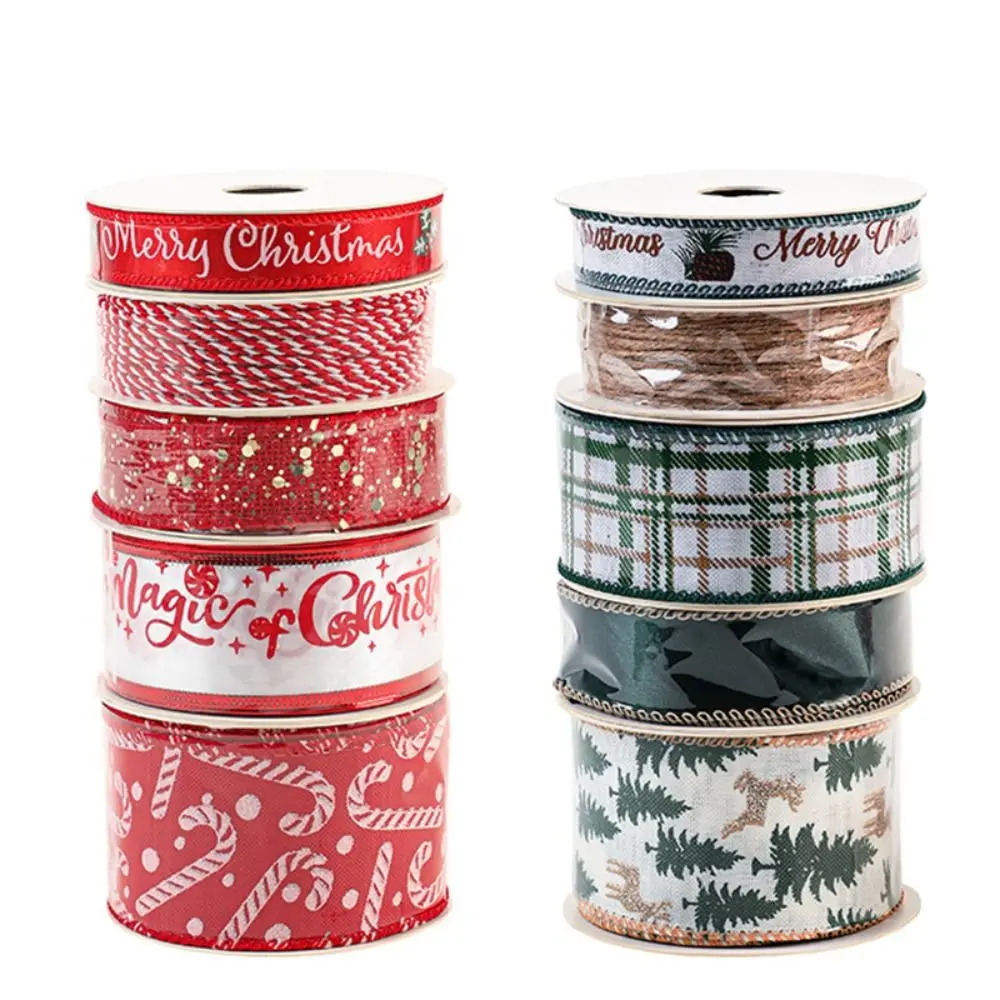 

5PCS Festival Xmas Printed Christmas Style Ribbon Classical Handmade Cloth Ribbon Red Green Gift Wrap Ribbon Christmas Decor