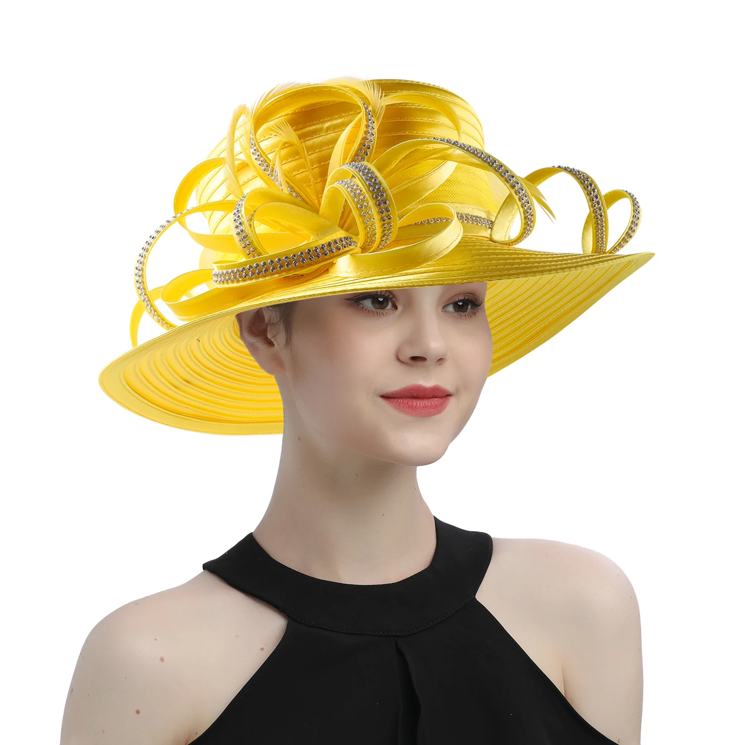 Yellow Fashion Satin Cloth Church Hat Deluxe Luxury Elegant Photography Hat Beauty Fancy Formal Flower Fascinator Hat Female