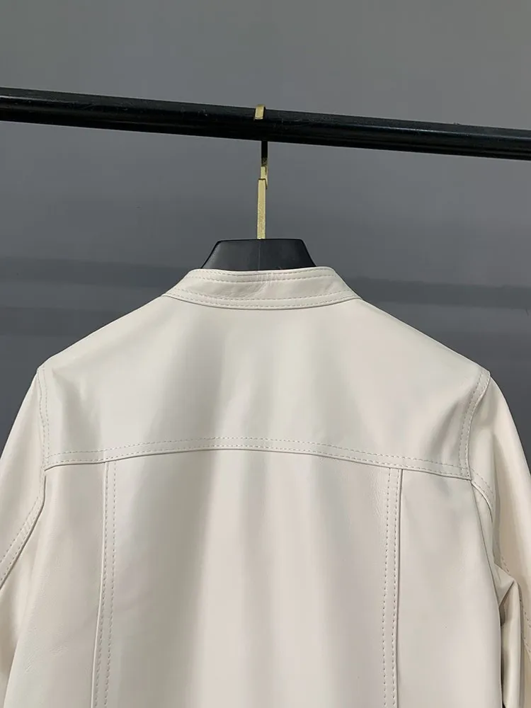 Manteau court en cuir véritable de mouton pour femme, simple boutonnage, col montant, veste de moto Vintage, mode dames, automne hiver