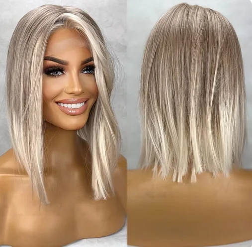 Natural Straight Blonde Bob Wig FUTURA Top Grade Short Bobs Lace Frontal Wigs 13x4 Shoulder Synthetic Wig Ombre Light Blonde