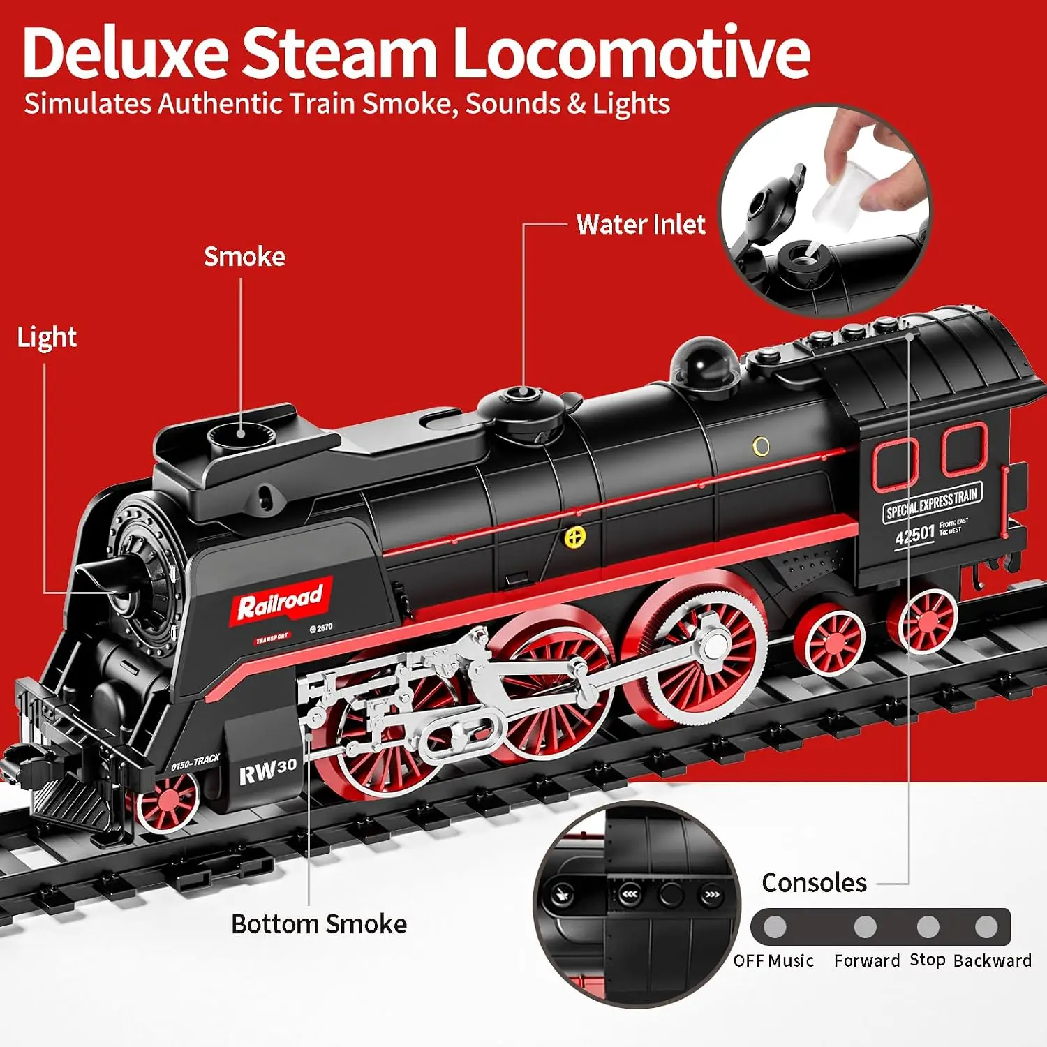 Big Remote Control Train Set with 3-Way Smoke, Lights and Sounds, Great Gift for Boys