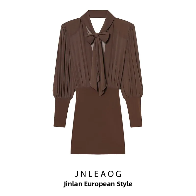 

Модное женское платье с дизайнерскими вставками, осенняя новинка, прямой крой, длинный рукав, облегающее, повседневное