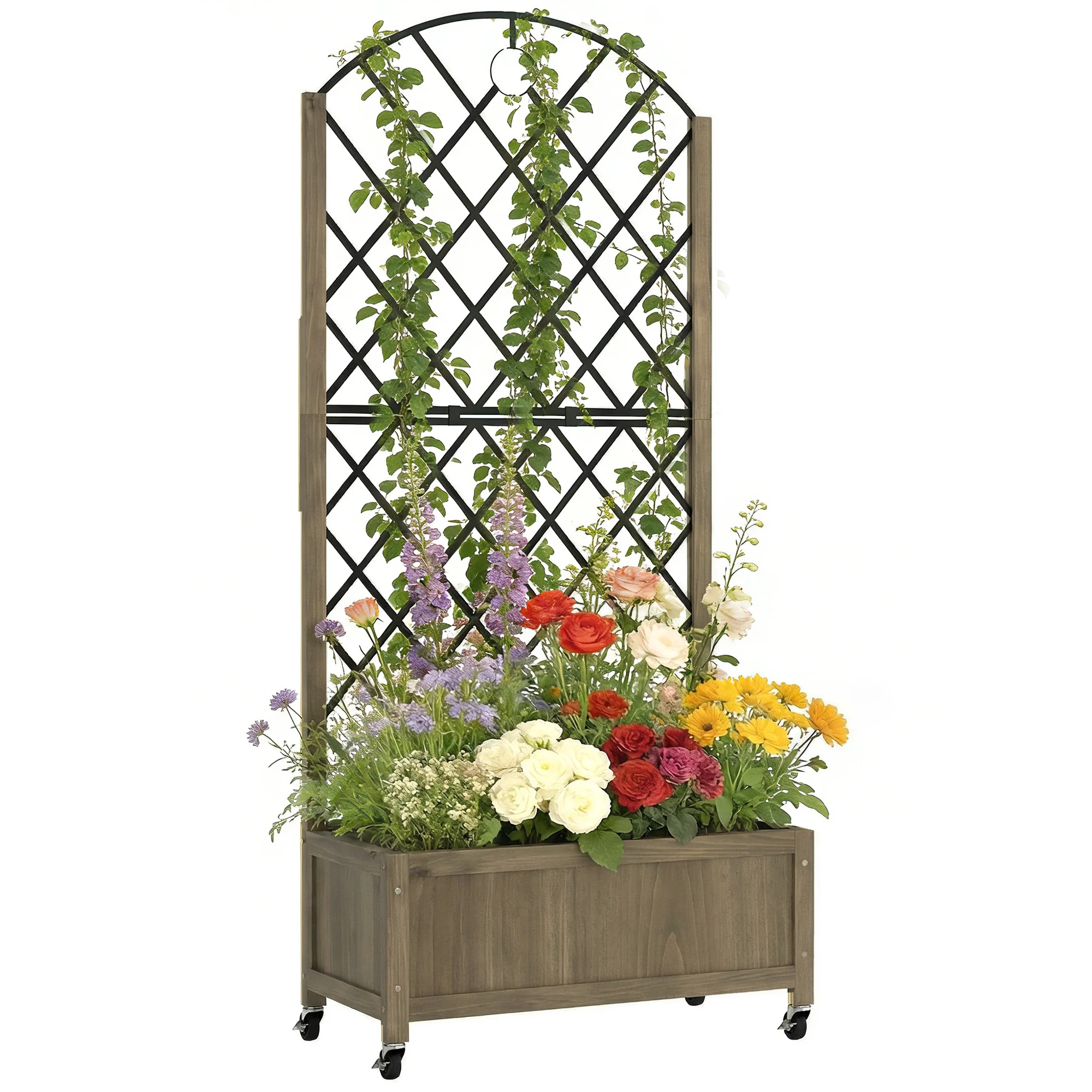 Outsunny houten plantenbak met metalen tralie en gecarboniseerde wielen