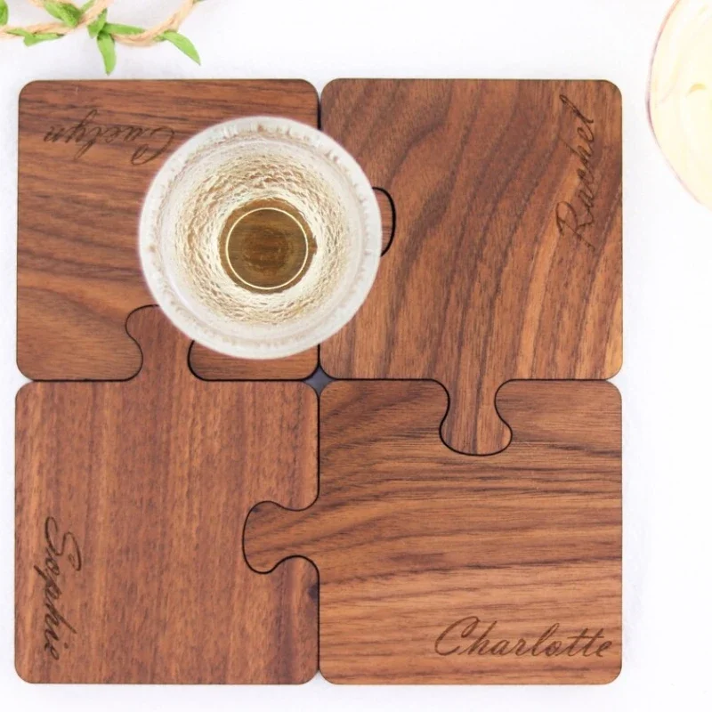 Free Logo Walnut Wood Puzzle Coaster Cup Pad Wooden Coaster Heat-resistant Desktop Protection Housewarming Gift Decoration 1pcs