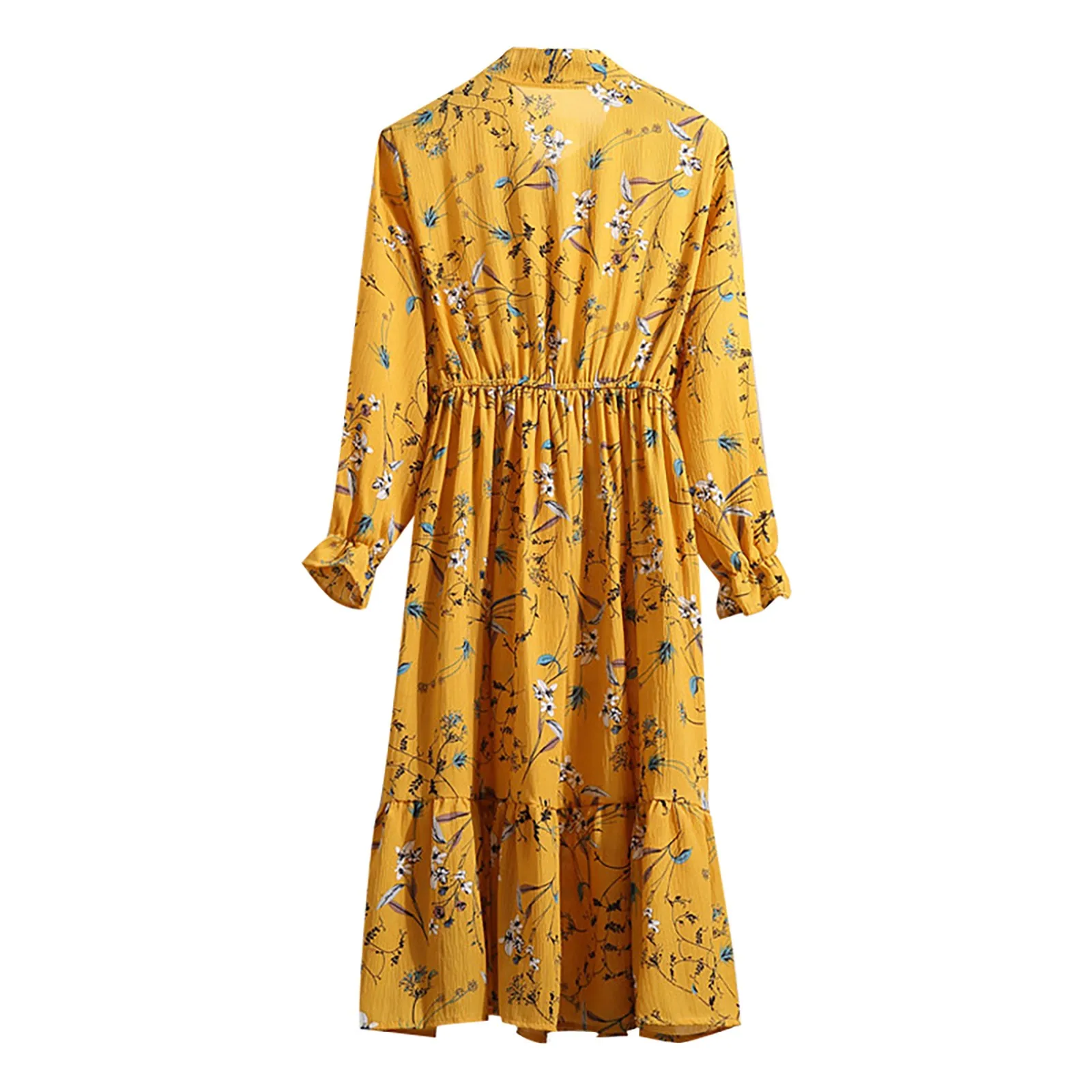 Yellow Women Floral Print Midi Dresses Elegant Long Sleeve Waist Tunic Dress Round Neck Polka Dot Female Vestidos