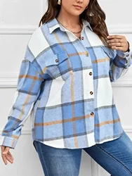 Women's Plus Size New Fashion Long Sleeved Shirt with Buttons for Spring and Summer Plaid Printed Ladies Casual Commuting Shirt