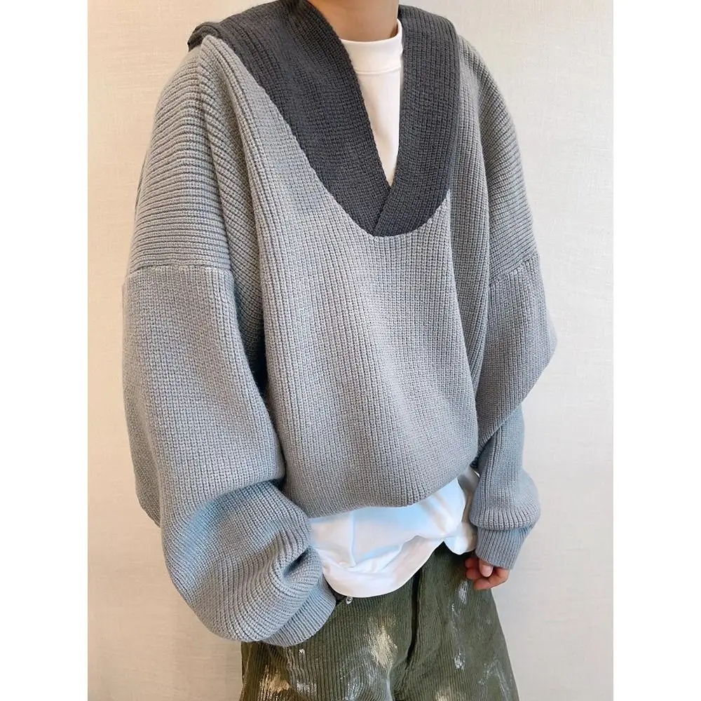 هودي فضفاض برقبة على شكل V للرجال، سترة محبوكة عصرية لفصلي الخريف والشتاء، قميص أساسي بأسلوب كوري كسول، سترة بياقة على شكل قلب #3