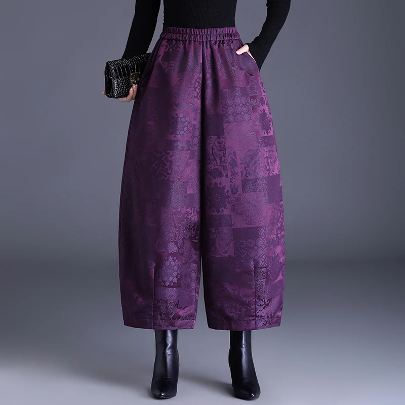 Warmth Cotton Wide Leg Pants Women's Autumn Winter New Style Floral Embroidery  Shape Nine Points Casual Boot Pants Mom...
