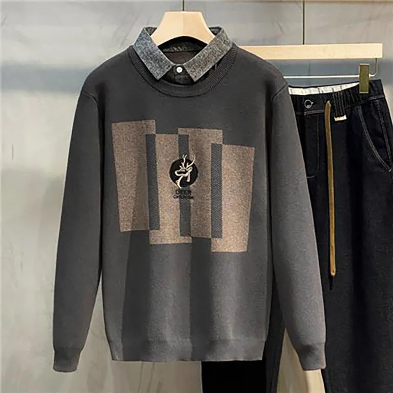 

Fashion Lapel Spliced Embroidery Fake Two Pieces Sweaters Men's Clothing 2023 Autumn Winter Loose Korean Pullovers Casual Tops