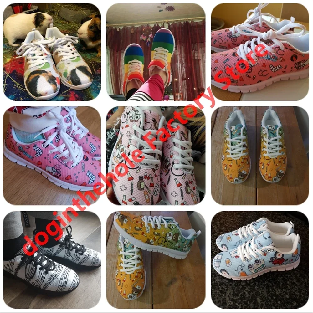 Cartoon Cat Veterinary Print Mesh Sneakers para meninas adolescentes, Sapatos baixos casuais, Calçado confortável para mulheres