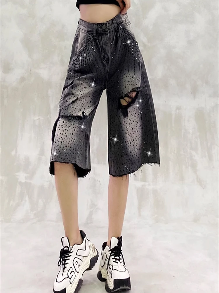 American style retro rhinestone denim mid pants women's summer 2025 new street personalized loose five quarter pants