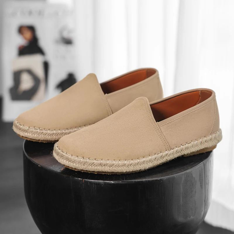 Men Sewing Real Leather Shoes Slip on Loafers Casual Shoes Man linen Grass Woven Flat Shoes Plus Size Fisherman Driving Footwear