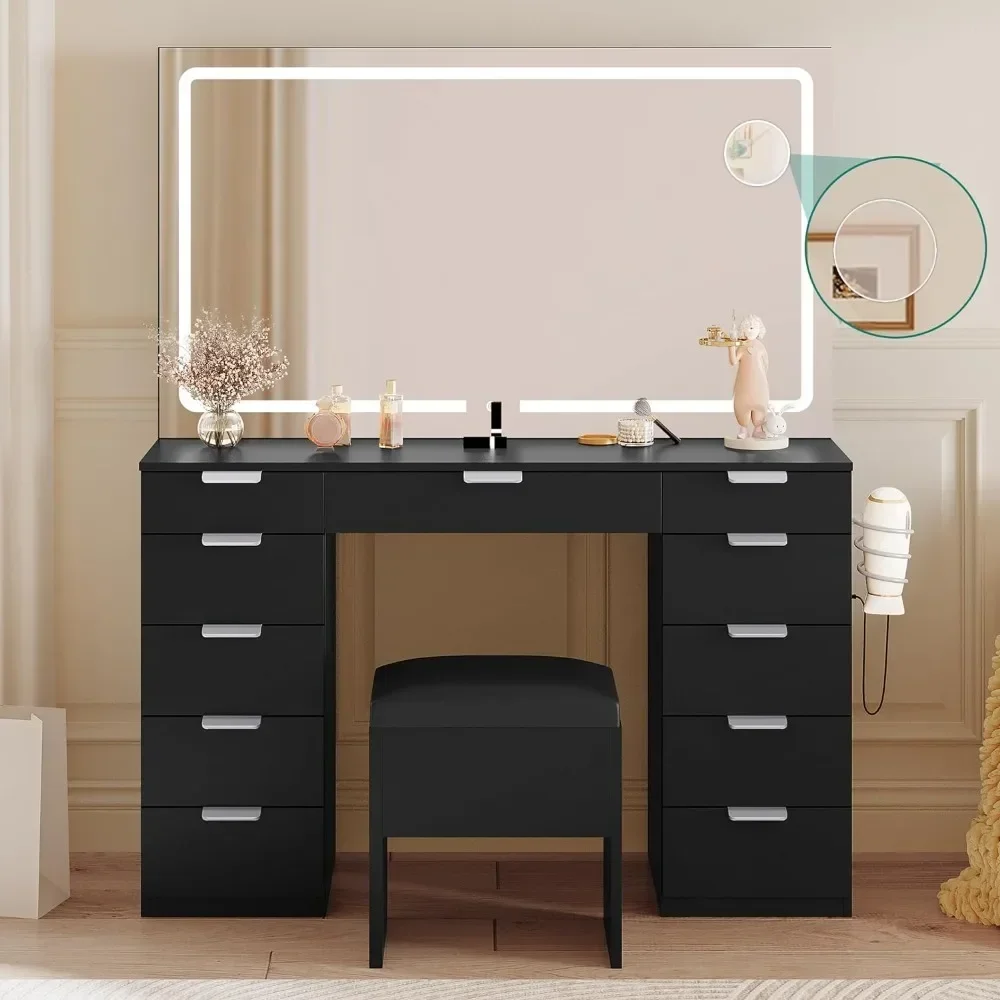 Vanity Desk Set with Large LED Lighted Mirror & Power Outlet, Glass Top Vanity with 11 Drawers and Magnifying Glass, 46'' Makeup