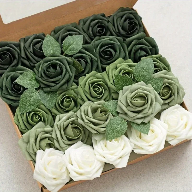

Artificial Flowers 25pcs Real Looking Forest Green Ombre Colors Foam Fake Roses with Stems for DIY Wedding Bouquets Bridal Showe