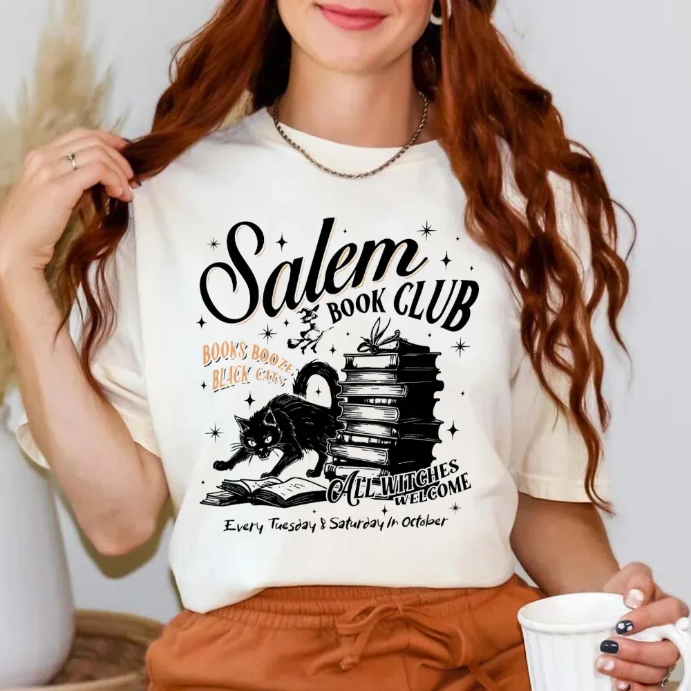 Black Cat Salem Book Club All Witches Welcome T-Shirt Fashion Pattern Top Short Sleeve Summer Shirt Printed Retro Women's T-Shir