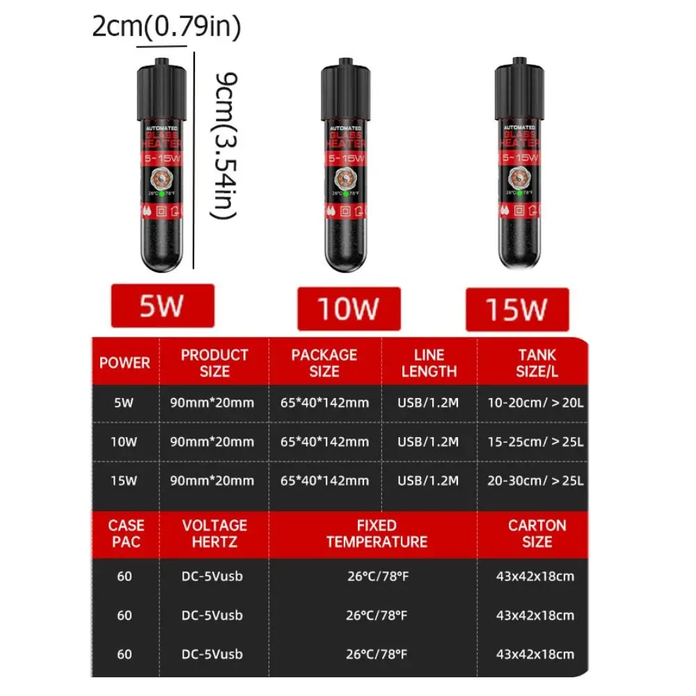 5/10/15W Submersible Heater Rod Automatic USB Aquarium Heater Constant Temperature 26°C Mini Heating Rod for Water/Turtle