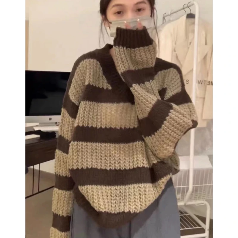 Brown Stripes Sweater Winter Women\'s Clothing Baggy Thick Warm Vintage V Neck Soft and Waxy Knitting Pullover Tops Wool Sweater