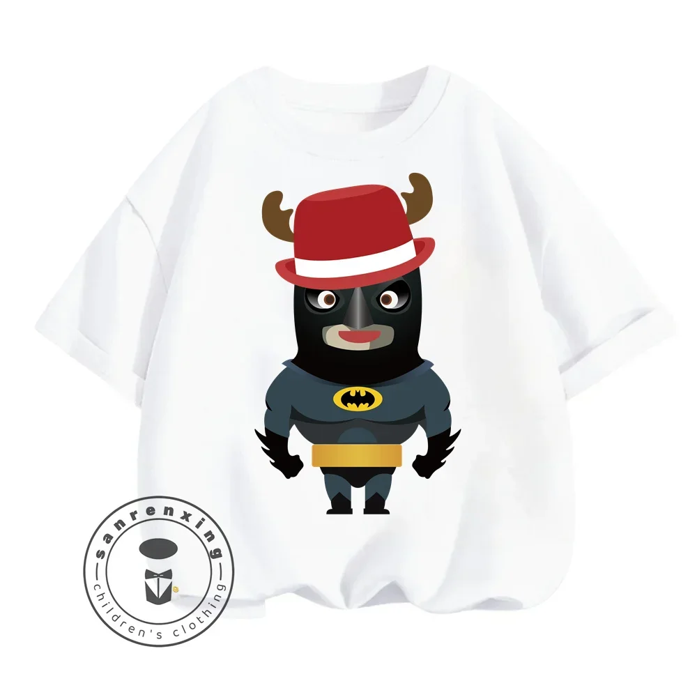 Very Childlike Batman Animated Cartoon Character Print Design O-neck Soft Breathable Short Sleeve for Fit Summer Boys and Girls