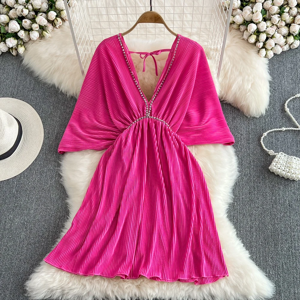 Summer Elegant Purple Dress Women French Style Vintage Robe Loose V-Neck Waist Bat Sleeve Sexy Pleated Dress Female Vestidos