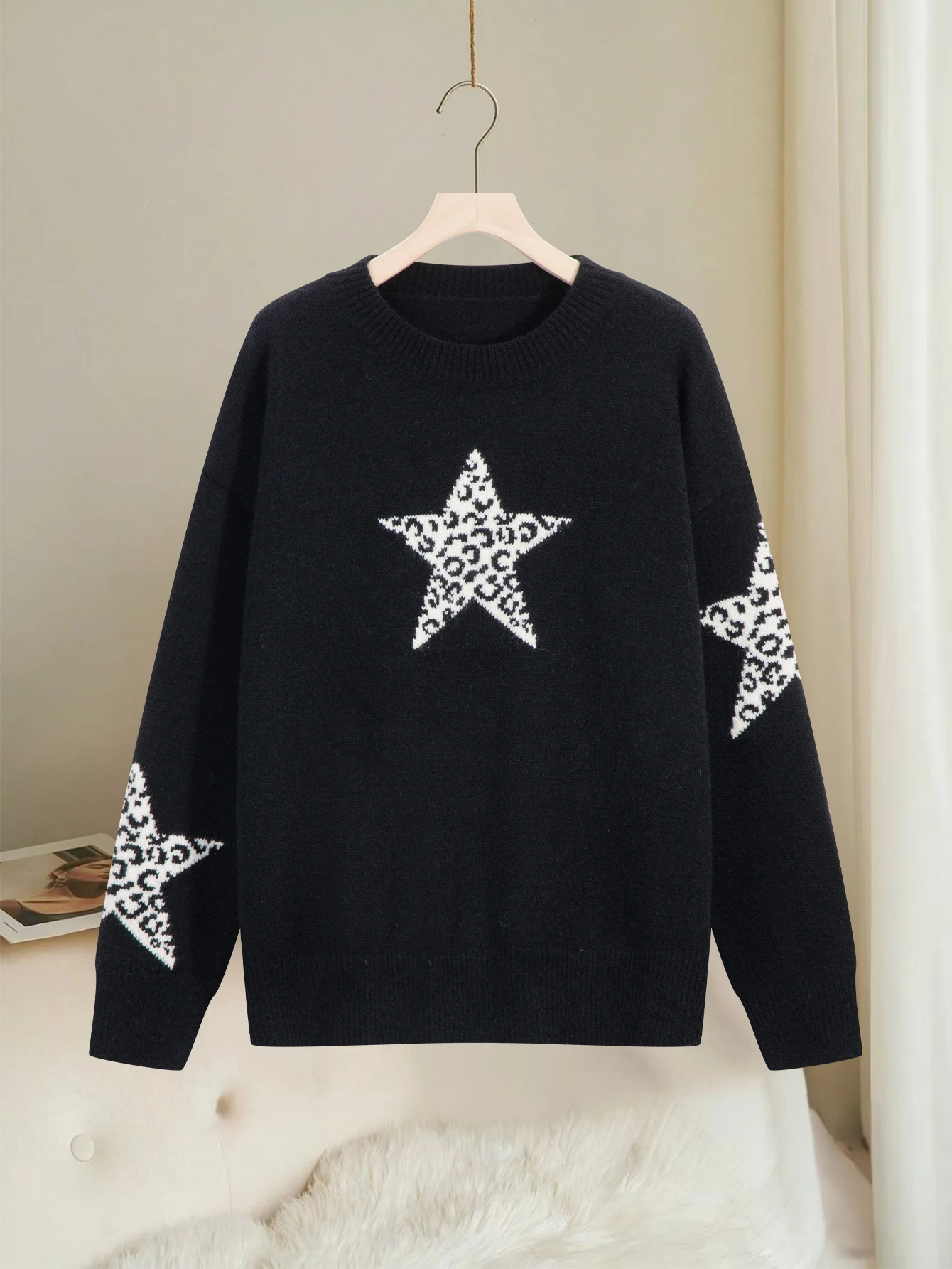 

Женский элегантный повседневный вязаный свитер со звездами, шерстяной топ, популярная корейская праздничная рубашка с длинными рукавами