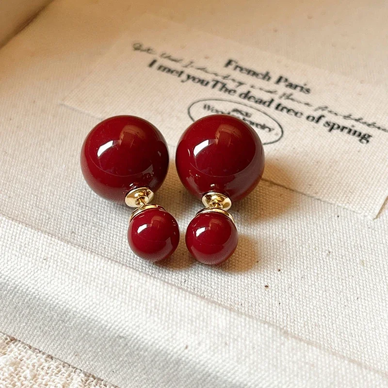 Double-sided size pearl stud earrings red New Year's earrings 2024 new popular high-end sense suitable for Chinese New