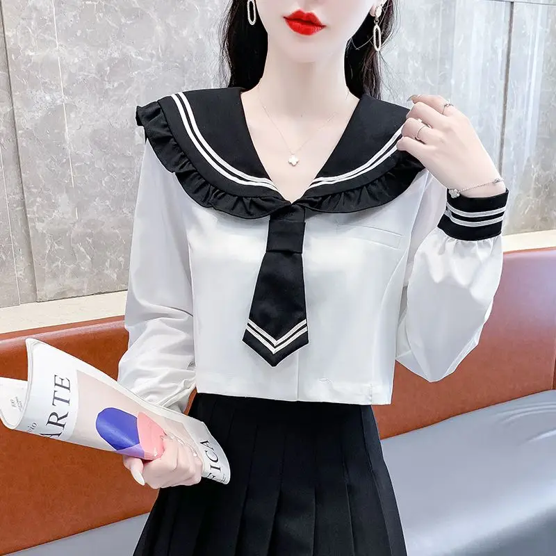 Navy Collar Shirt New Women's Long Sleeved Autumn Fashion Beautiful Little Shirt Chic and Stylish Anti-aging Short Top