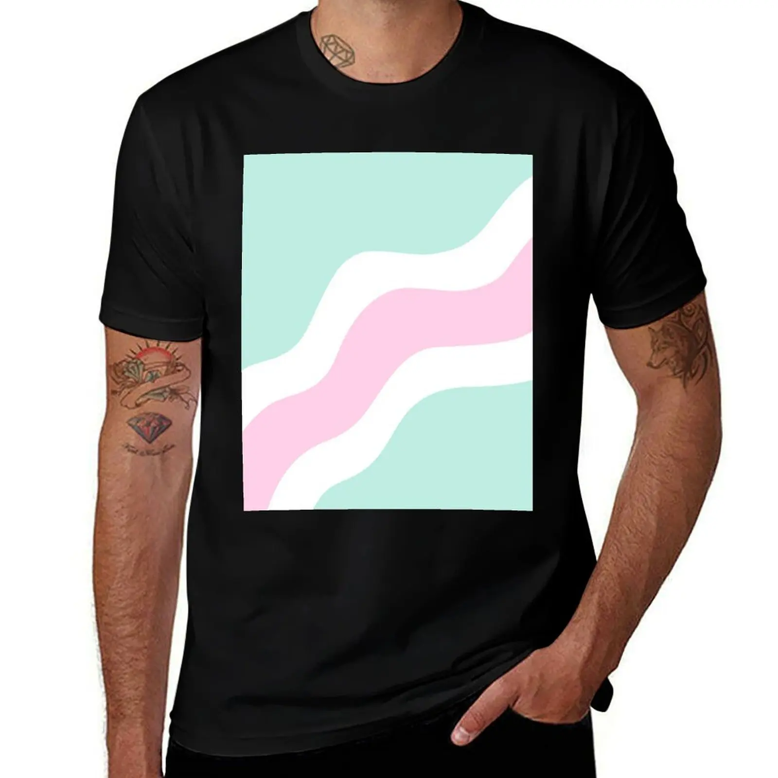 

Minimalist Abstract Wavy Swirls in Mint Green, Pink and White T-Shirt T-shirts man summer clothes funny costumes mens clothing